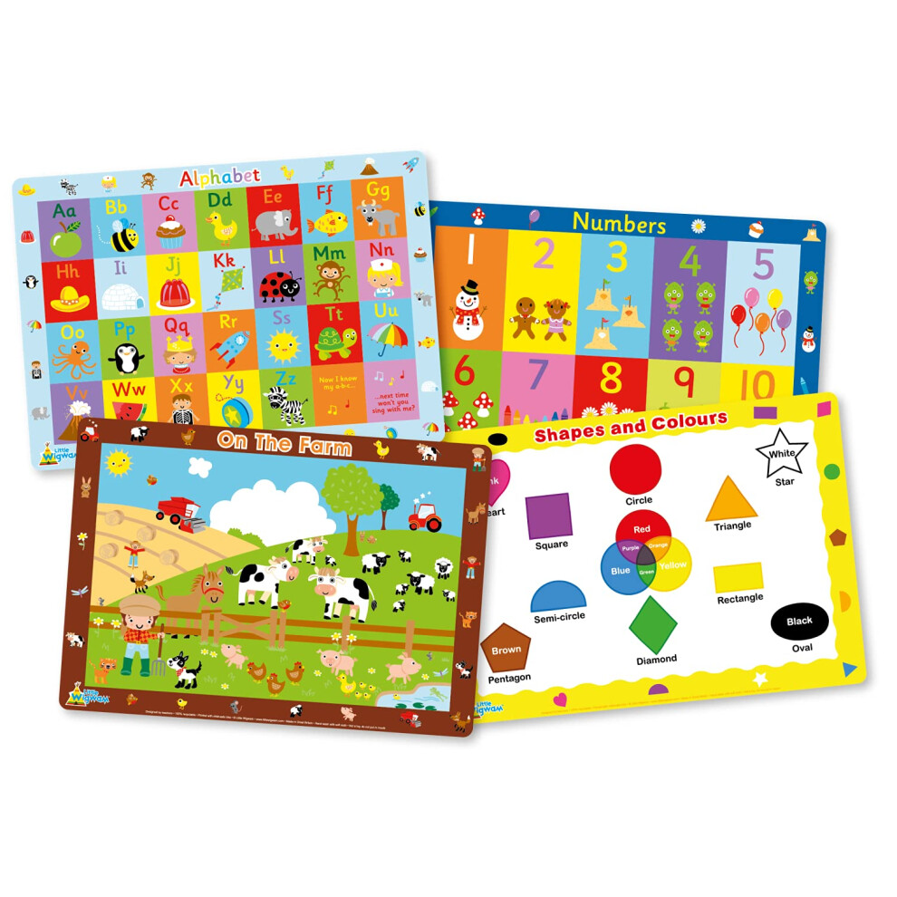 Toddler Placemat Pack - Set Of 4 Educational Placemats - Alphabet, Numbers, On The Farm, Shapes And Colours Little Wigwam