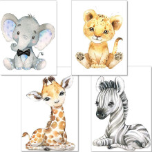 Baby Room Decoration Cartoon Animals Pictures - 4 Pack Theme Nursery Wall Art Decals for Boys Girls Kids Children's Bedroom - Without Frame