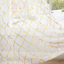 Voile Eyelet Curtains 66 x 72 Drop - Semi Transparent White Voile Net Curtains 72 Inch Drop Printed Geometric Moroccan Tile Pattern Window Curtain