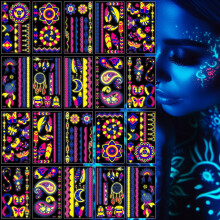 20 Sheet 170+ Unique Designs Glow in the Dark Neon Temporary Tattoo, Neon Temporary Tattoo Stickers, UV Blacklight Neon Glow Fake Tattoos for Party