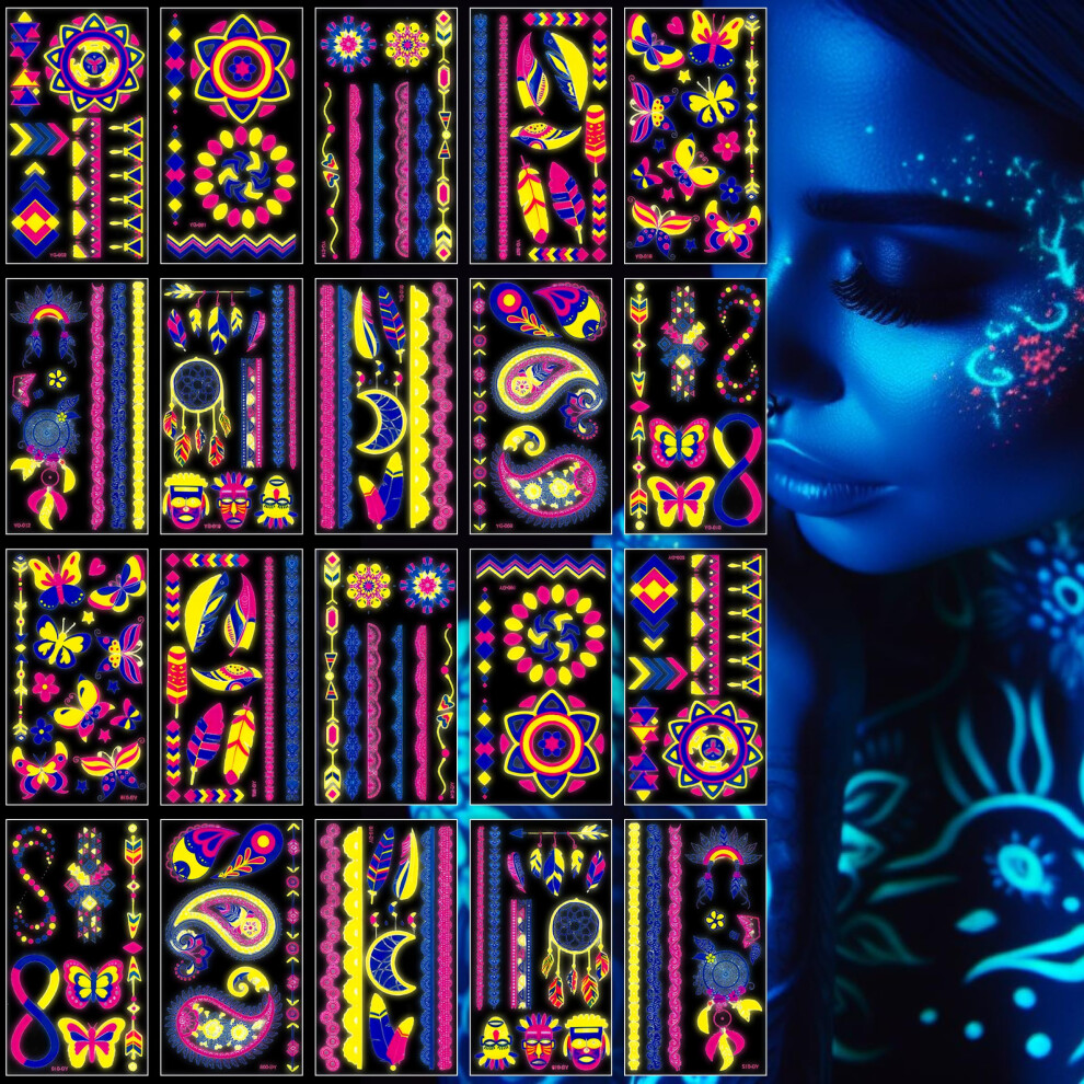 Facegem London 20 Sheet 170+ Unique Designs Glow In The Neon Temporary Tattoo, Neon Temporary Tattoo Stickers, Uv Blacklight Neon Glow Fake Tattoos For Party Dark
