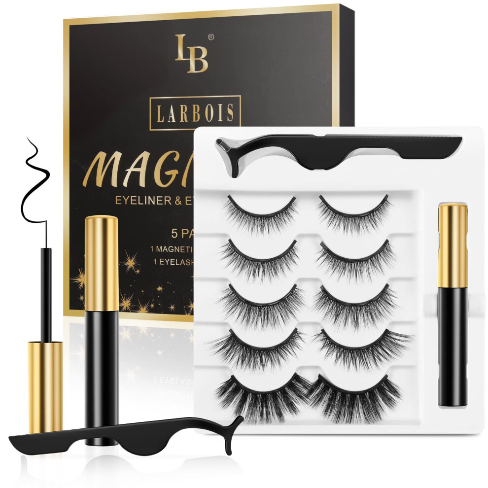 Magnetic Eyelashes,Magnetic Eyeliner and Lashes Kit have Soft Reusable Waterproof Long Lasting 5 Pairs of 3D Magnetic Eyelashes Natural Look No Glue