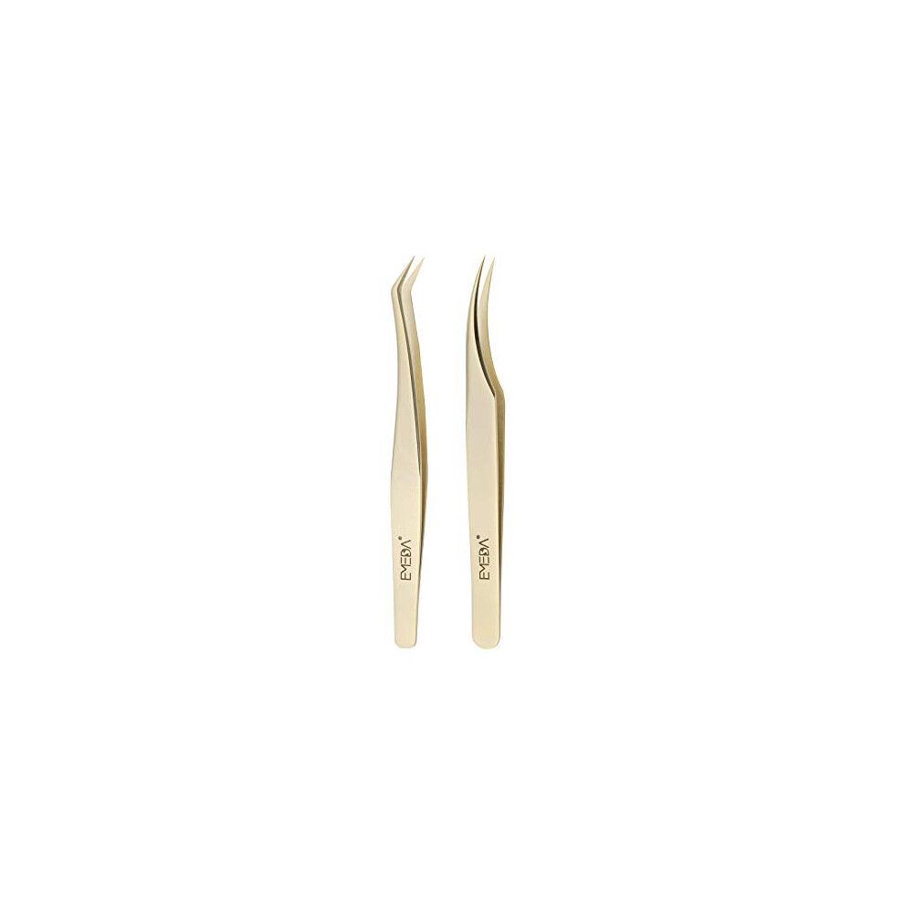 Emeda Golden 2 Pcs Eyelash Extension Tweezers Professional Precision Lash Extension Tweezers Individual Eyelash Tweezers Set For Extensions 3D 5D 6D Volume