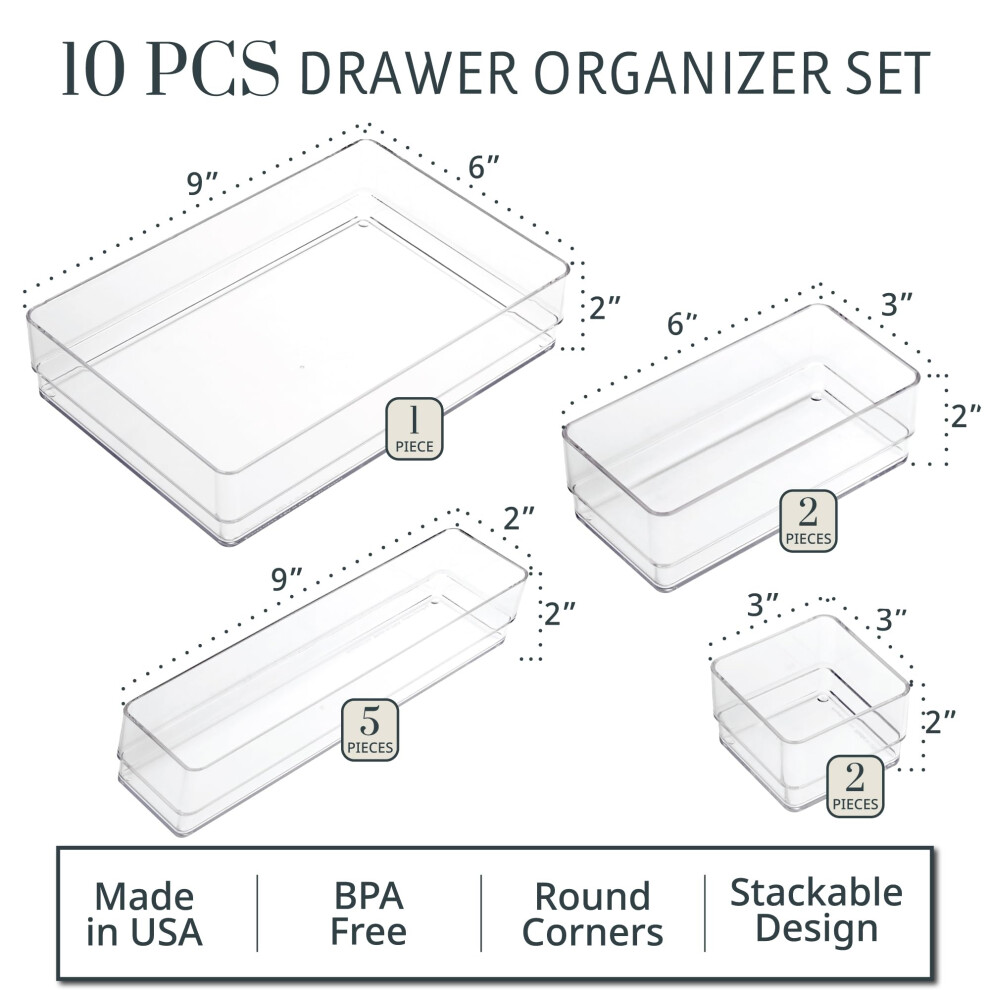 simplesort-10-piece-stackable-clear-drawer-organizer-set---multi-size-trays---makeup-vanity-storage-bins-and-office-desk-drawer-dividers---made-in-usa