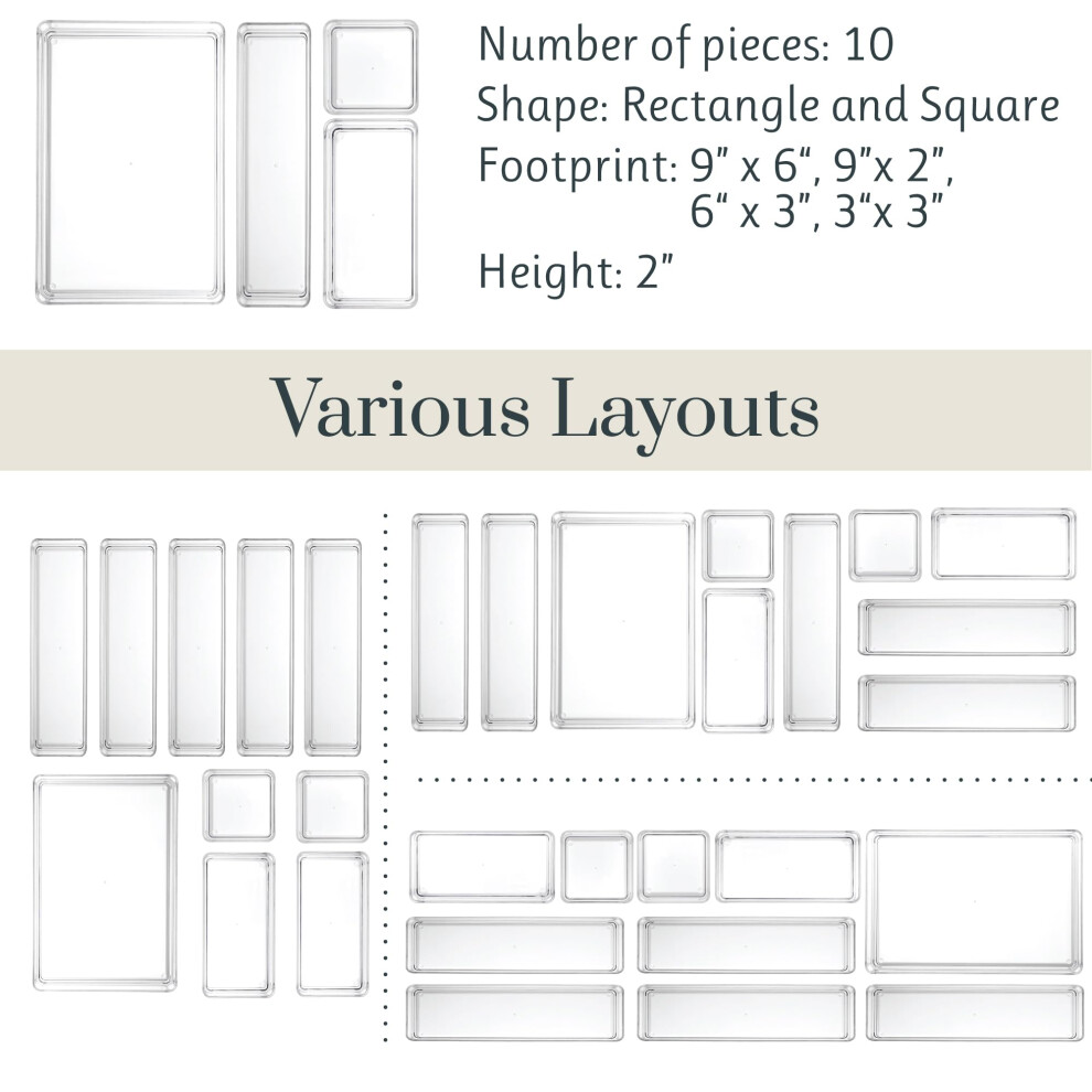 simplesort-10-piece-stackable-clear-drawer-organizer-set---multi-size-trays---makeup-vanity-storage-bins-and-office-desk-drawer-dividers---made-in-usa