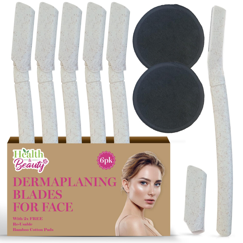 6pk Dermaplaning Blades for Face with Re-Usable Bamboo Cotton Pad 2pk, Gentle Peach Fuzz Remover Woman, Face Razors Women Dermaplaning, Face Shavers,