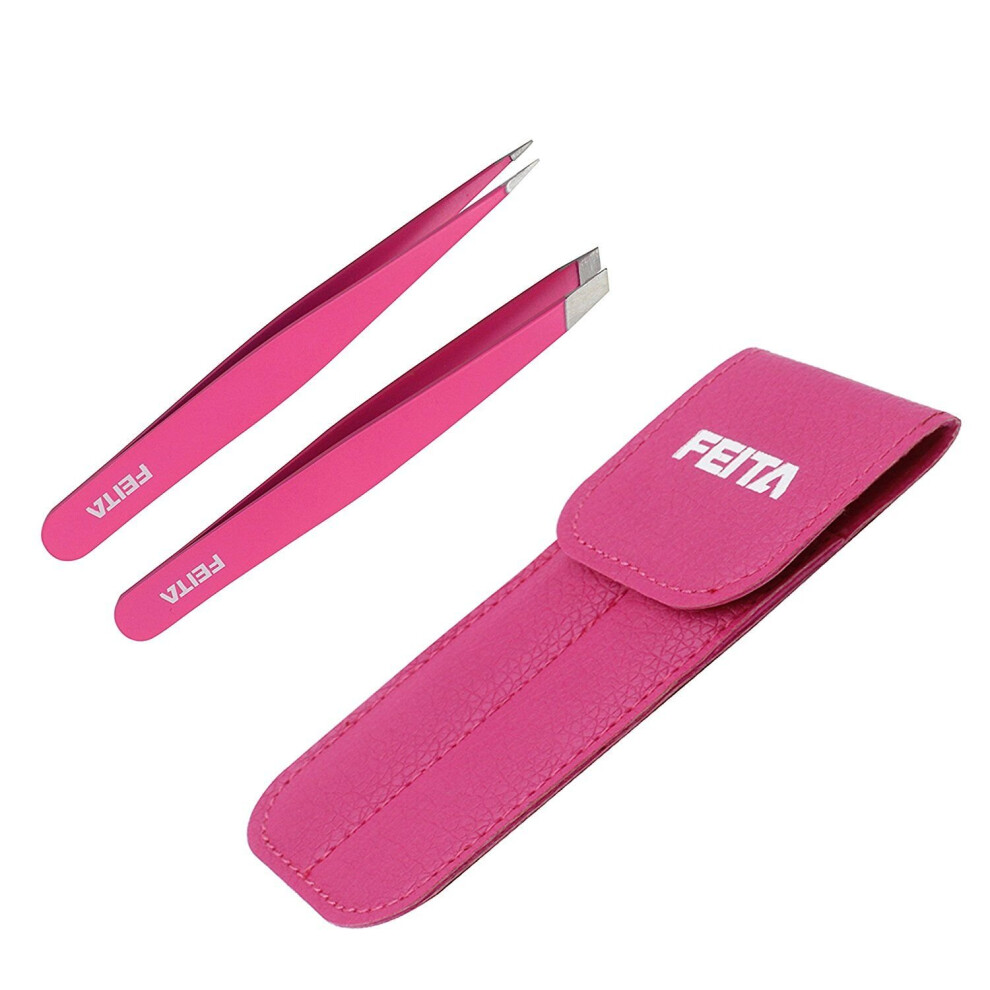 Feita Precision Tweezers For Eyebrows - Professional Stainless Steel Slant & Pointed Eyebrow Tweezer Set With Travel Case For Woman Facial Hair