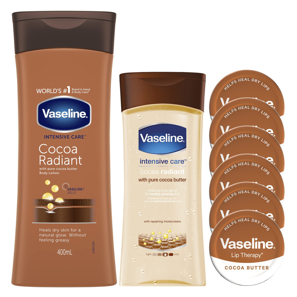 Cocoa Bundle: Set Contains Vaseline Cocoa Radiant Body Lotion 400ml, Vaseline Cocoa Radiant Body Gel Oil 200ml and 6 Tins of Vaseline Lip Therapy With