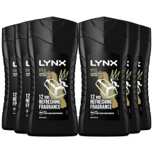 6 Pack of Lynx 12 Hour Refreshing Fragrance Gold Oud Wood and Vanilla Body wash with Plant-based Moisturisers & Dual Action Power, Keep Smelling