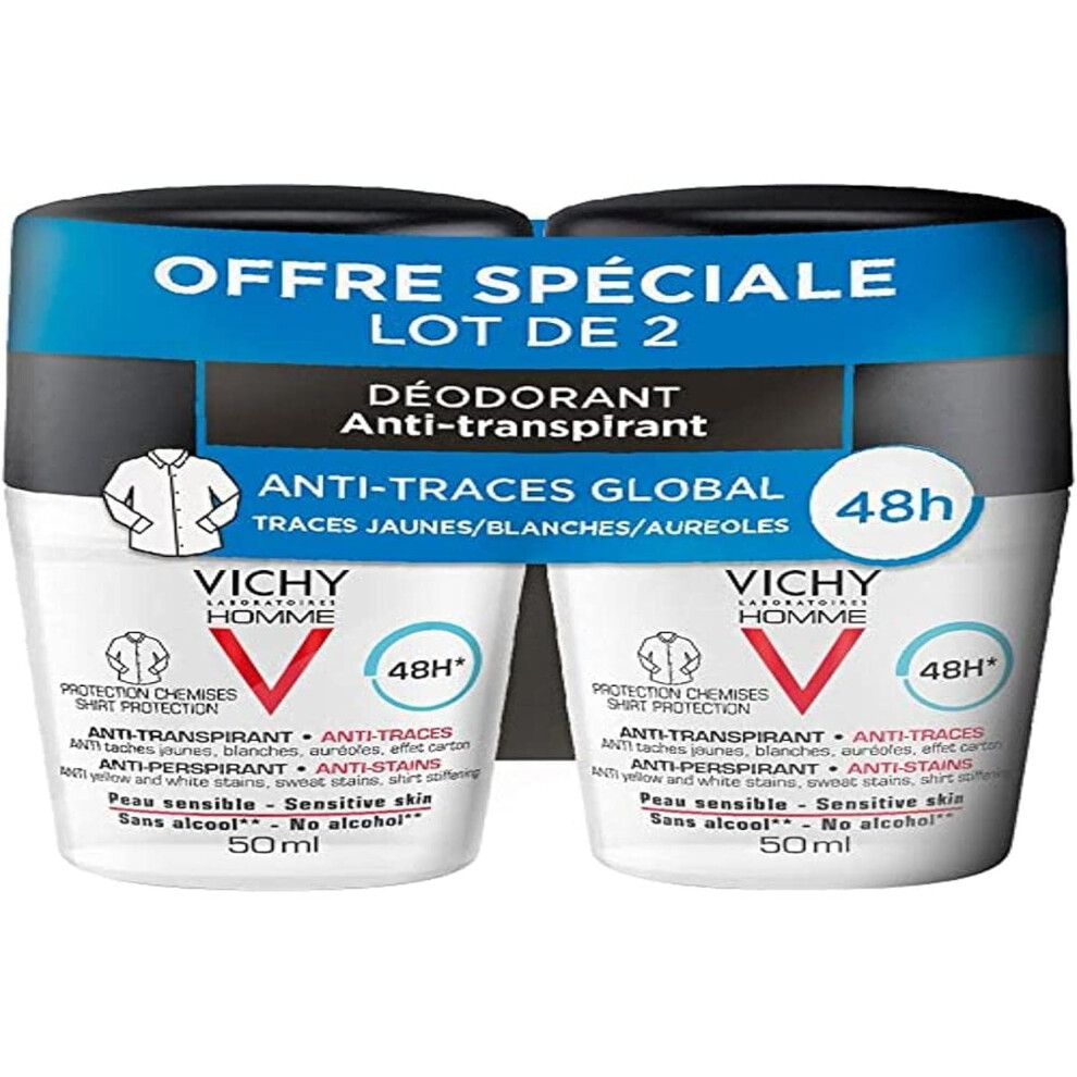 Vichy Homme 48H Antiperspirant Deodorant Anti-Marks Roll-On 2 X 50Ml