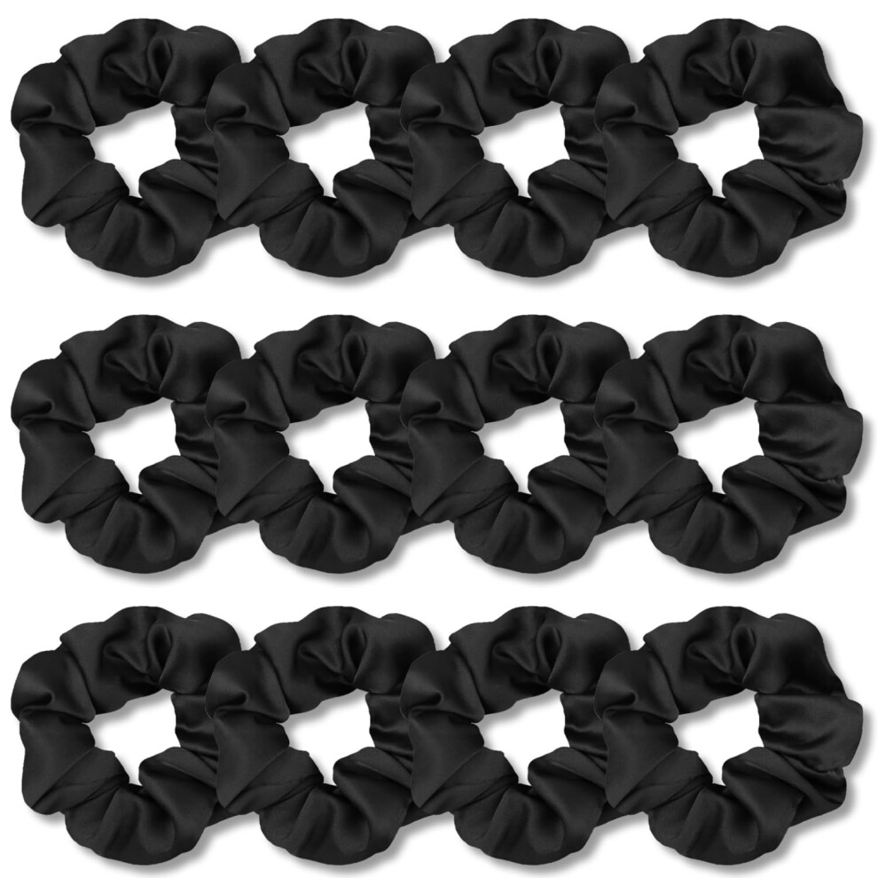 Scrunchies for Women, Premium Satin Softer Than Silk, Bobbles Hair Bands for Women's Hair Accessories, 12 Pack (Black)