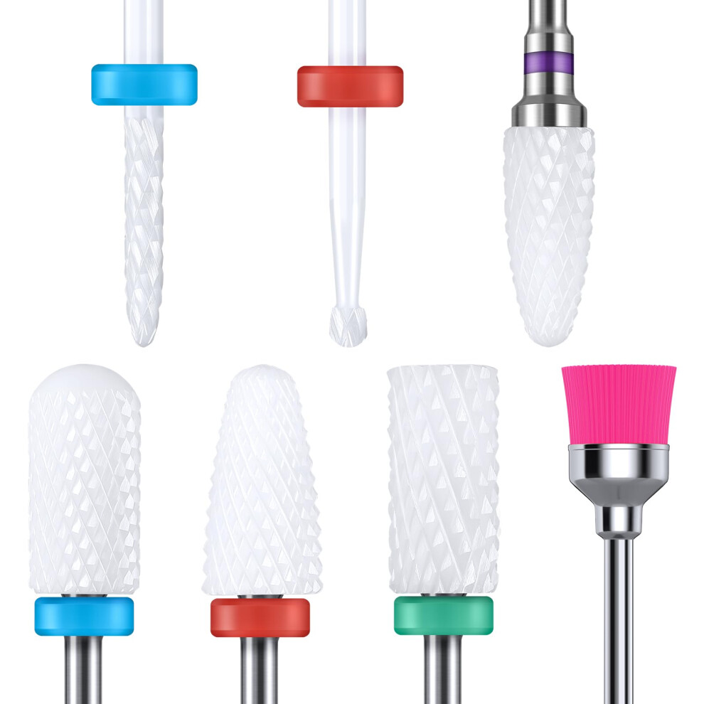 Nail Drill Bits Set Ceramic Safety Professional 3/32 Inches Nail Bits for Filing Acrylic Nails Gel Nails Down Removing Cuticle Tools, 7pcs