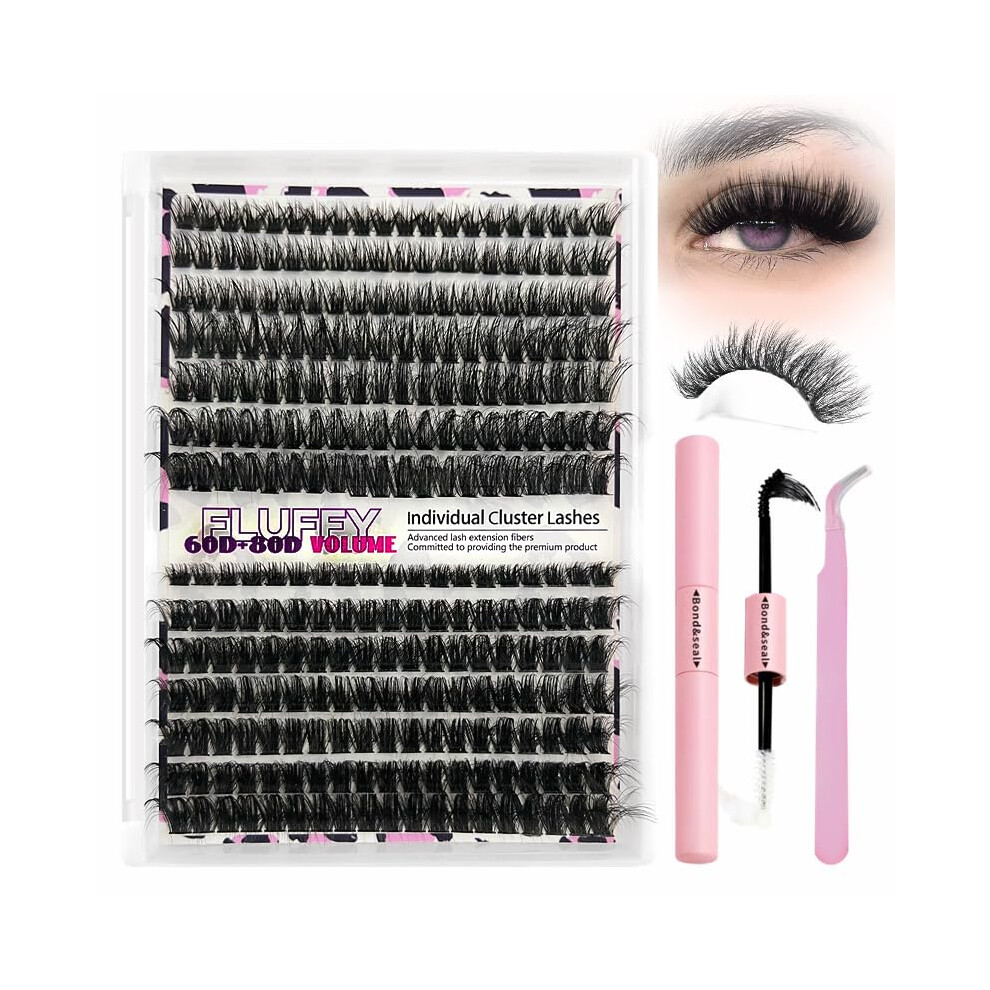 Fluffy Individual Lashes Kit D Curl Cluster Lashes DIY Eyelash Extension Kit 280pcs Thick Volume 60D+80D Lash Clusters Eyelash Extension with Lash