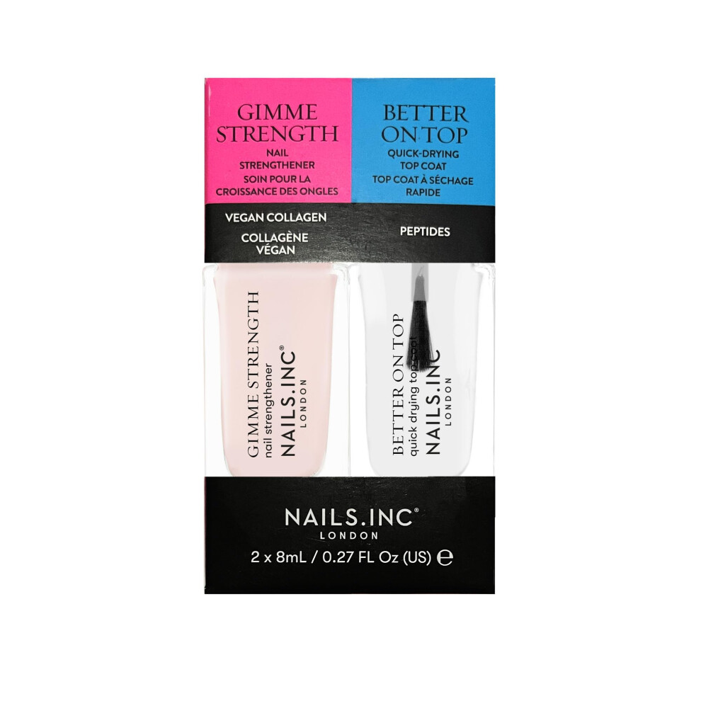 Nails.INC Mini Nail Treatment Duo, Includes Gimme Strength Nail Strengthener and Better On Top Quick Drying Top Coat, With Active Skincare Ingredients