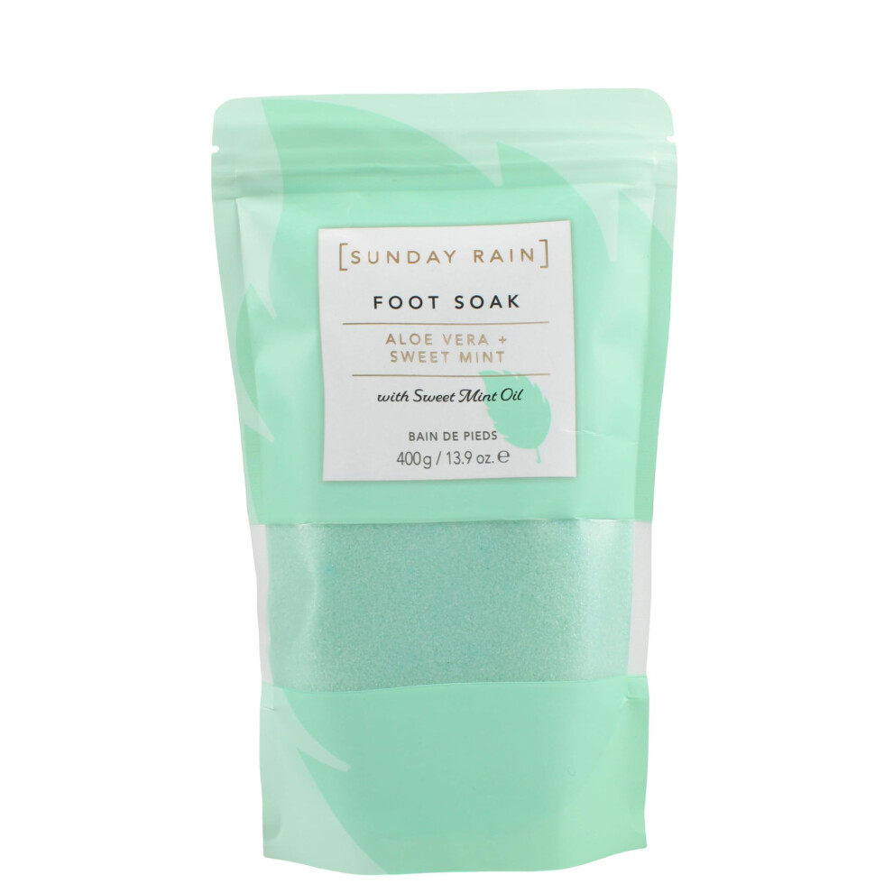 Title- Sunday Rain Aloe Vera & Sweet Mint Foot Soak, Exfoliating, Dry Skin Removal, Vegan & Cruelty Free, 400g