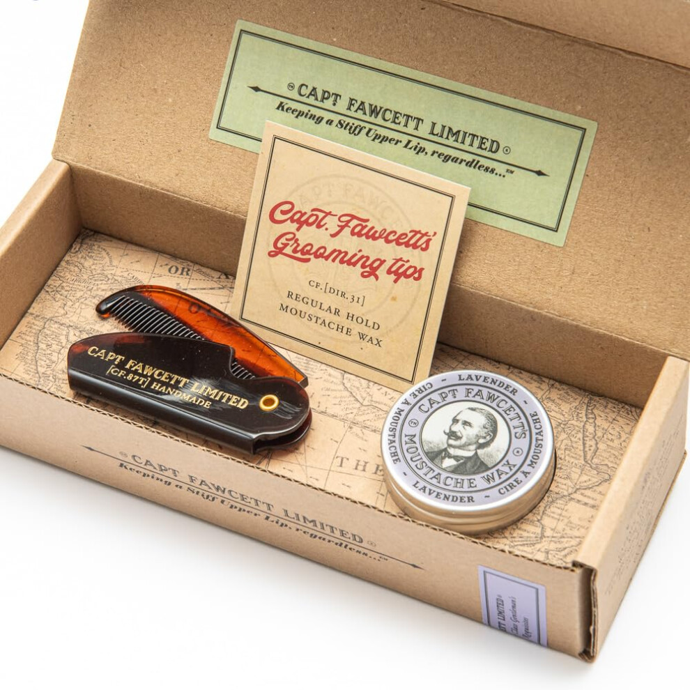 Captain Fawcett Lavender Moustache Wax & Folding Pocket Moustache Comb (Cf.87t)