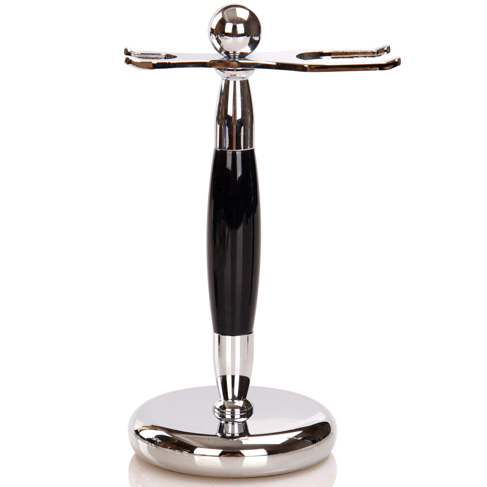 Sanwa Black Deluxe Stainless Steel Shaving Brush Stand Holder For Razor & Brush Weighted Base Handle