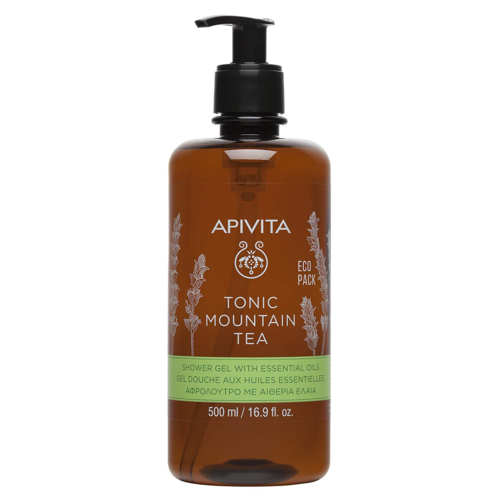 Apivita Tonic Mountain Tea Shower Gel 500Ml - Body Shower Gel Body With Mountain Tea, Propolis & Essential Oils - Gently Cleanses & Revitalizes