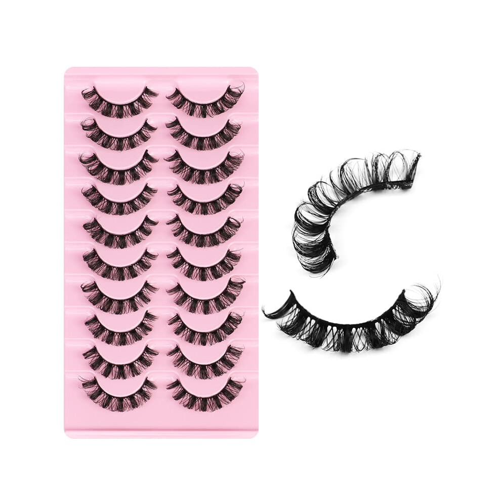 False Eyelashes Natural Look Russian Strip Lashes D Curl 3D Cat Eye Daily Faux Mink Lashes Strips 10 Pairs Volume Curly Fake Eyelashes Pack(DH06-02)