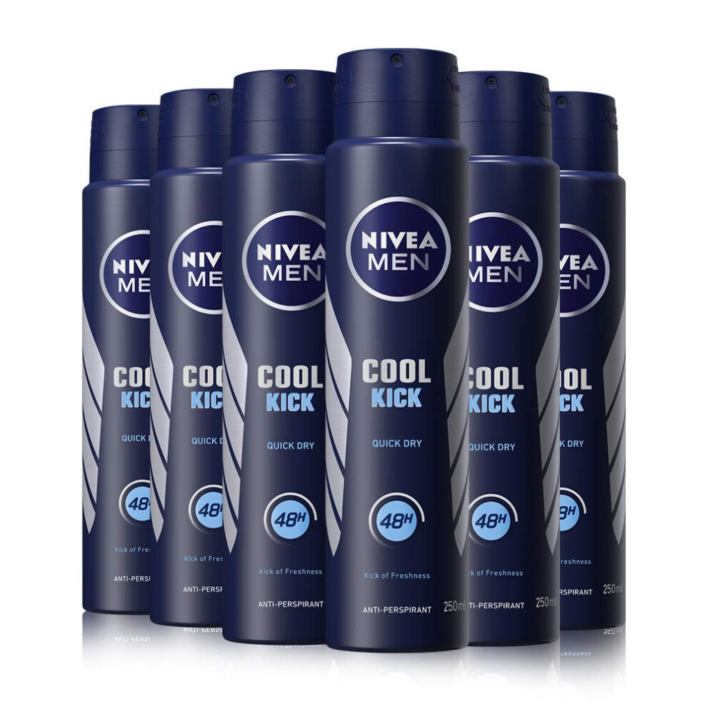 MEN Cool Kick Anti-Perspirant Deodorant Spray Pack of 6 (6 x 250ml), Men's Anti-Perspirant Deodorant, Fresh 48H Protection Deodorant Men's Aerosol