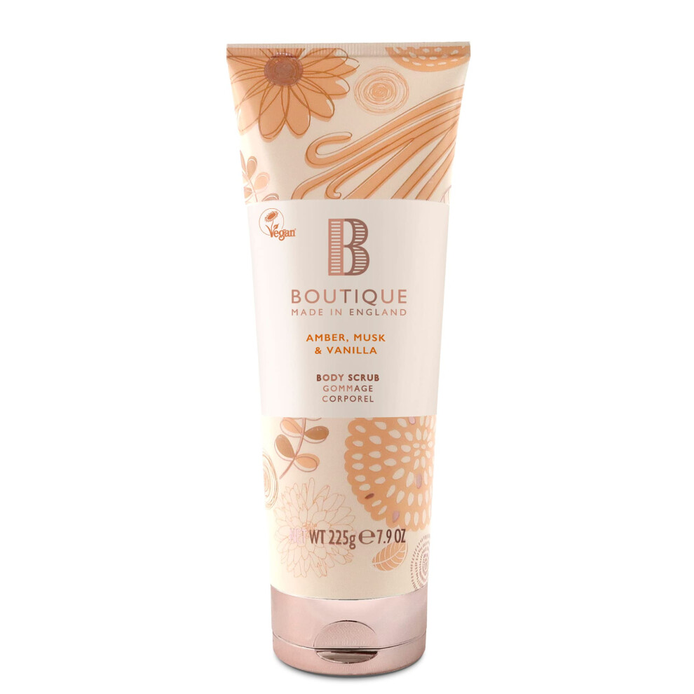 Boutique Made In England Amber Boutique Musk & Vanilla Fragrance Body Scrub, 225Ml Exfoliating Body Scrub, Refreshing - Essential Oils - Vegan And Cruelty Free, No Sls Or