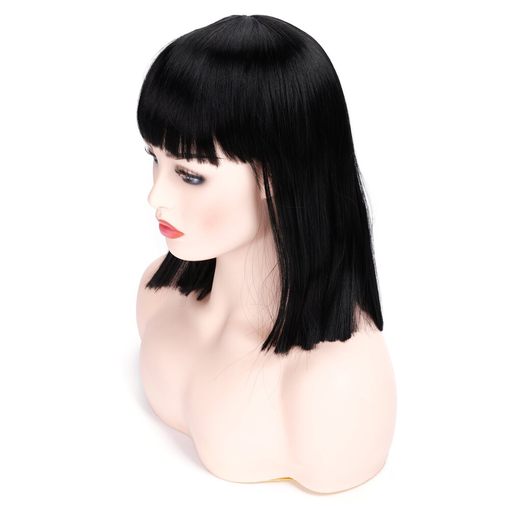 Morvally Unisex Black Short Straight Bob Wig With Flat Bangs Natural Looking Heat Resistant Hair Cosplay Costume Wigs (14 Inches Natural )