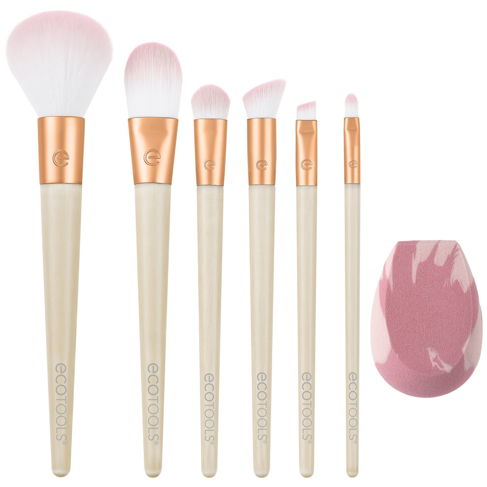Limited Edition Wrapped In Glow Makeup Brush & Sponge Kit, Blender Face Brushes, Seamless Application and Buildable Coverage, 7 Piece Gift Set, Cream