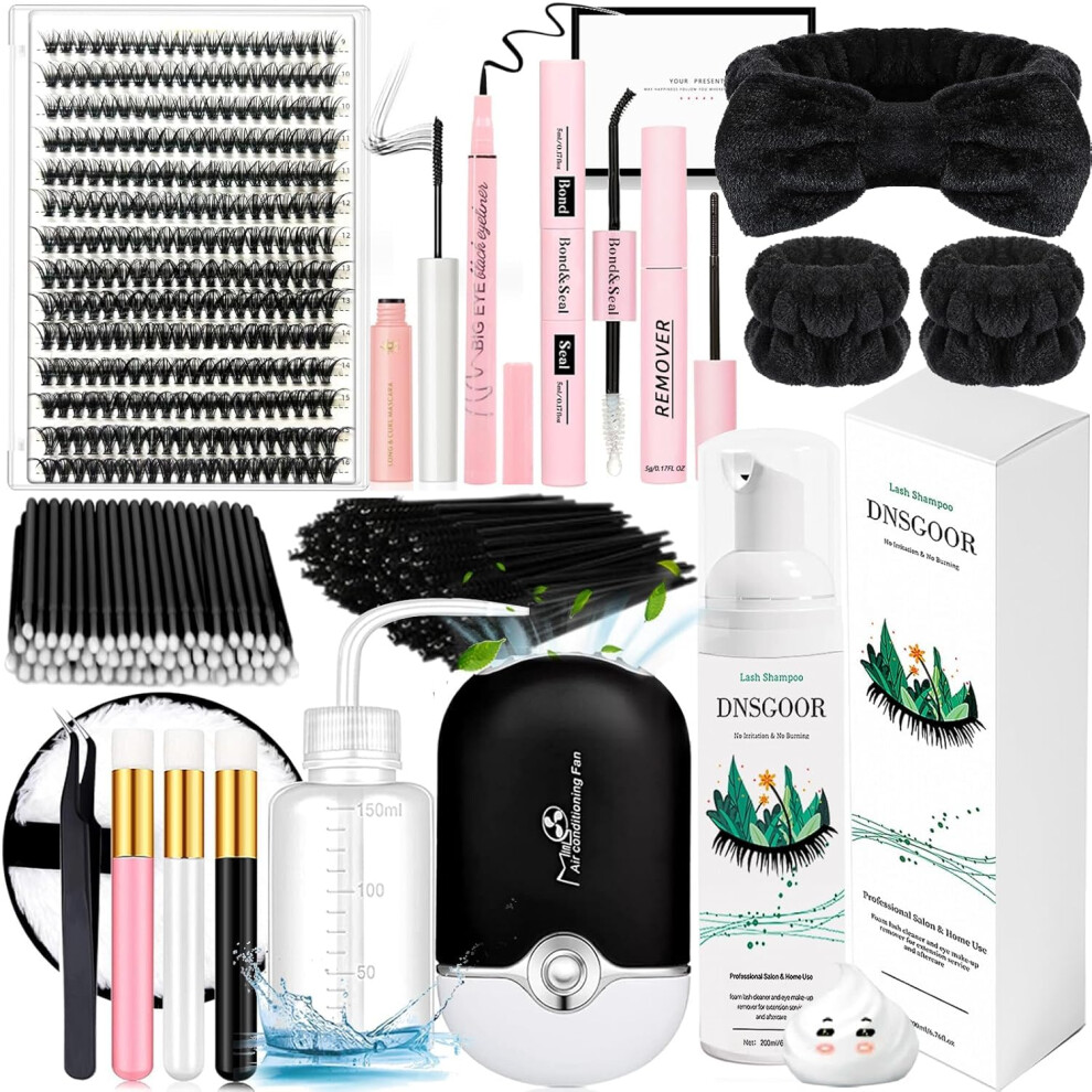 DIY Lash Extension Kit with 280 PCS 9-16mm 40D Lashes Clusters 200ml/6.7fl.oz Lash Cleanser Eyelash Shampoo Mini USB Portable Lash Fan Bond and Seal