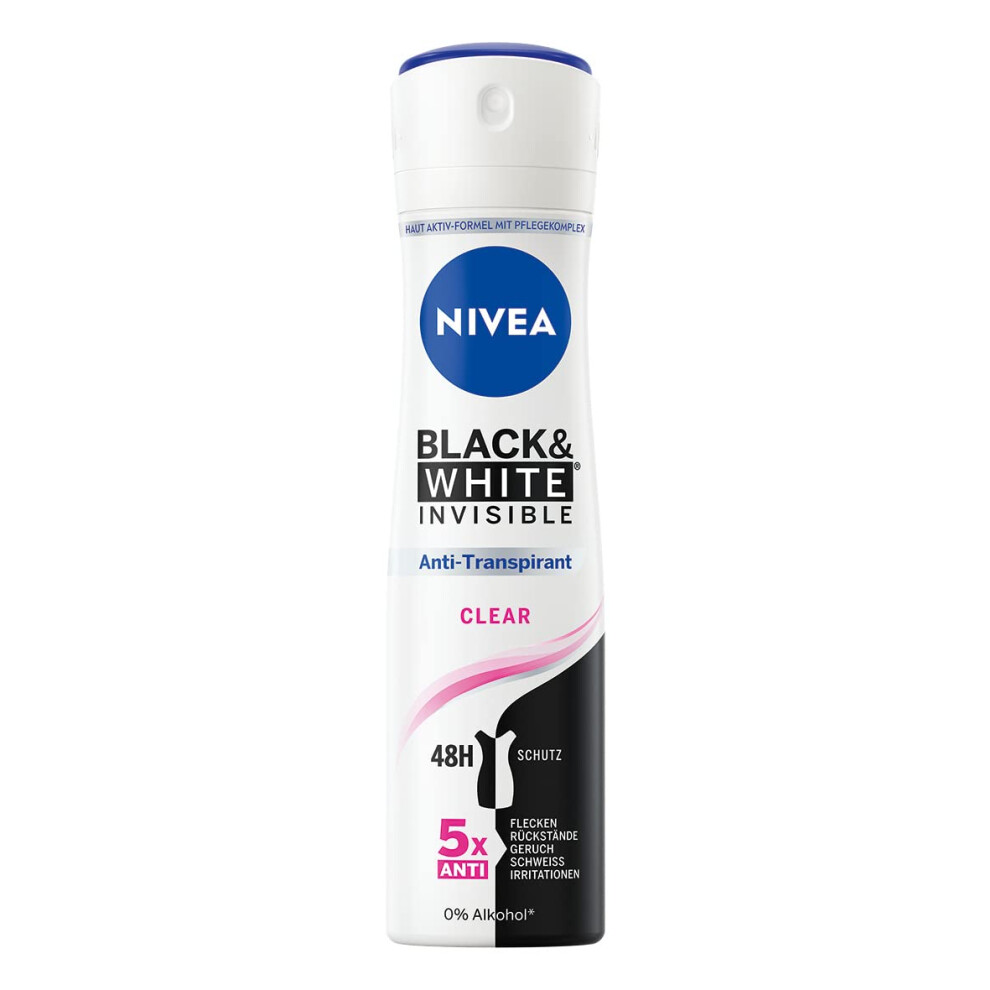 Black & White Invisible Clear Deodorant Spray (150 ml), Antiperspirant with Anti-Stain Formula, with 48-Hour Protection and NIVEA Care Complex