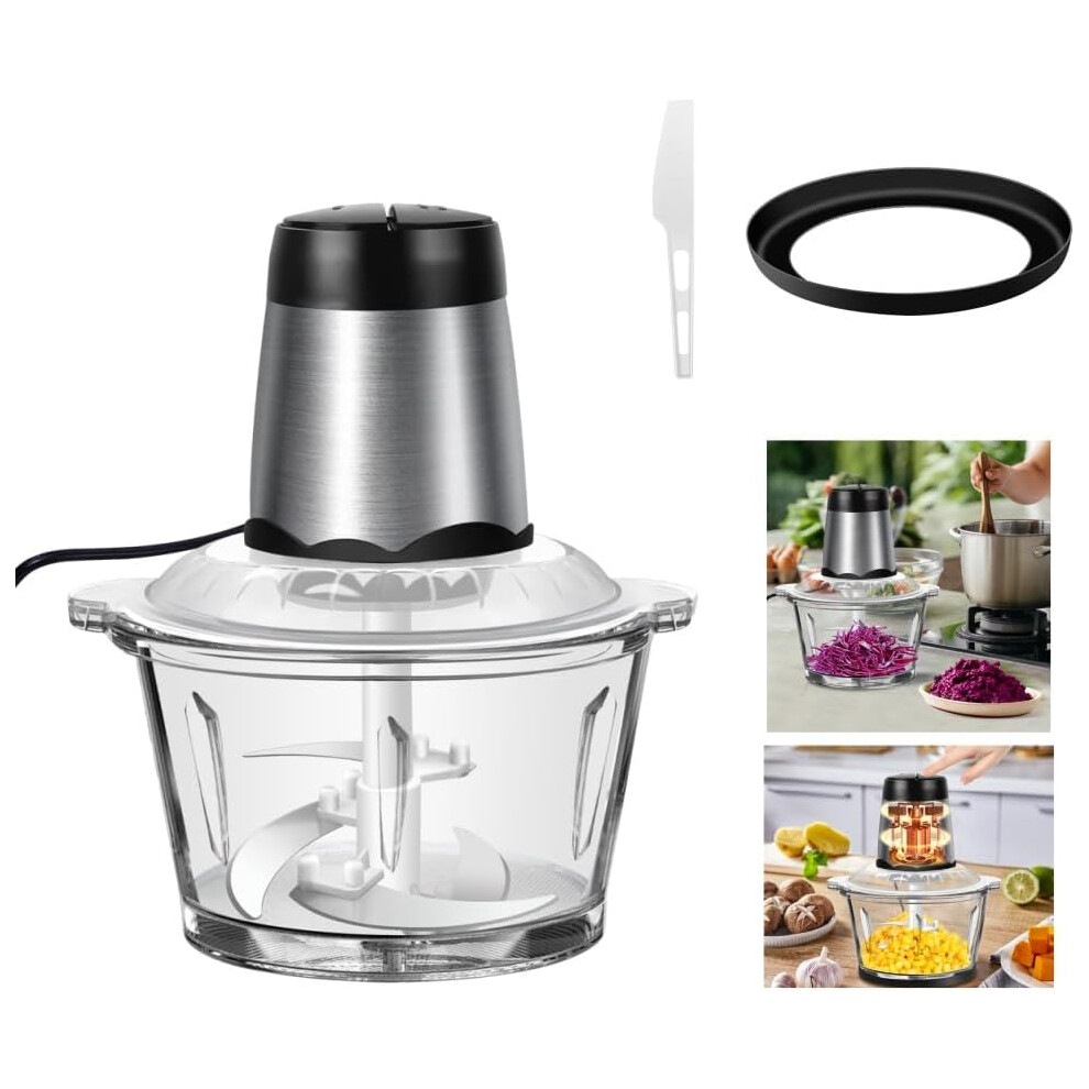 Mini Food Processor Vegetable Chopper 2L Glass Bowl, Meat Grinder with 2 Speeds, 4 Bi-Level Blades  for Fruits, Vegetable,Meat and Nuts