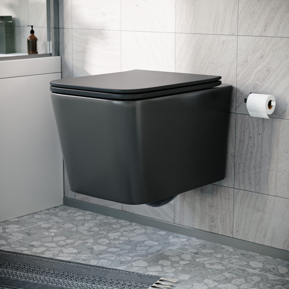 Nes Home Modern Matt Black Square Wall Hung Toilet Pan with Soft Close Seat