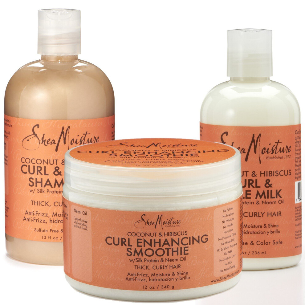 Shea Moisture Coconut Hibiscus Curl & Shine Shampoo,Style Milk, Smoothie (Set Of 3)