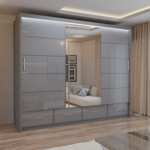 MN Furniture Luxury Sliding Doors Mirrored Wardrobes Grey 255cm