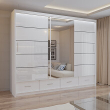(White, 255cm) MN FURNITURE High Gloss Sliding Mirror Wardrobe