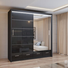 (Black, 208cm) MN FURNITURE High Gloss Sliding Mirror Wardrobe