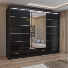 (Black, 255cm) MN FURNITURE High Gloss Sliding Mirror Wardrobe