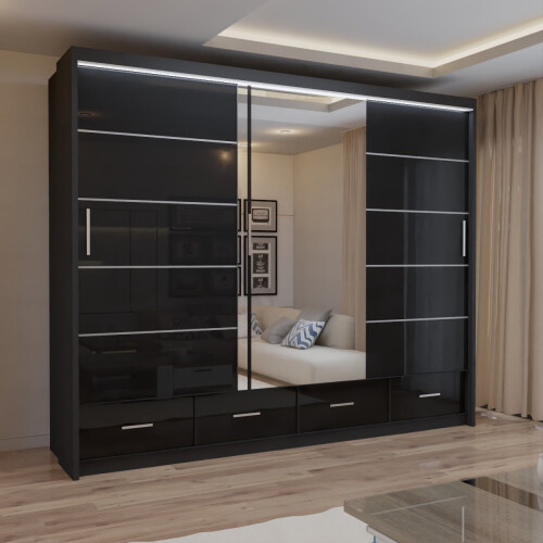 MN Furniture Luxury Sliding Doors Mirrored Wardrobes Black 255cm