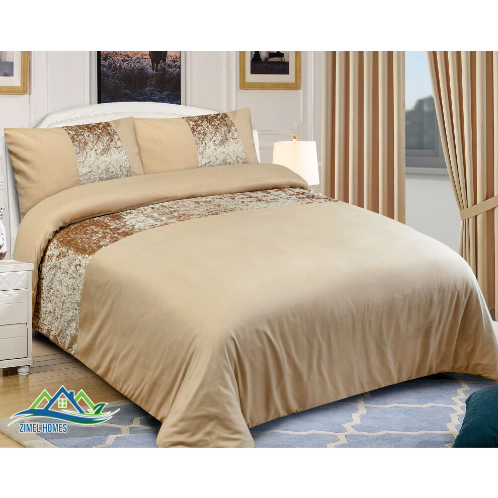 (CHAMPAGNE, King) Crushed Velvet Panel Duvet Cover With Pillow Case Bedding Set