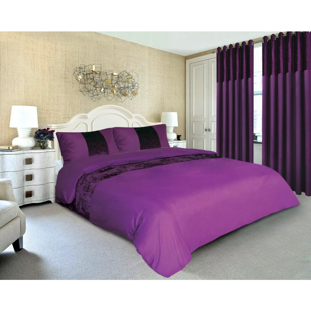 (PURPLE, Double) Crushed Velvet Panel Duvet Cover with Pillow Case Bedding Set