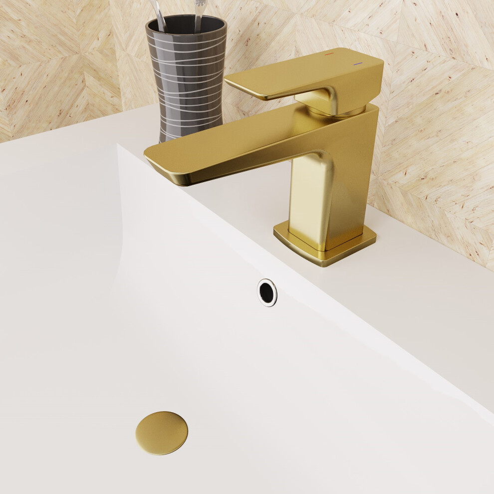 Nes Home Modern Cloakroom Brushed Brass Square Basin Mono Mixer Tap + Waste