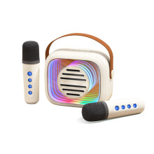 Mini detský karaoke prenosný reproduktor Bluetooth s 2 mikrofónmi farebné svetlá 1200 mAh nabíjateľná batéria béžová