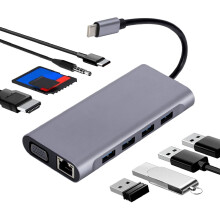 Chronus USB C HUB, USB C Adapter 1 in 1 Dongle with 4K HDMI, VGA, Type C PD, USB3.0, RJ45 Ethernet Docking Station Compatible with Laptop PC(Gray)