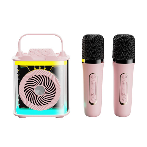 Mini máquina de karaokê, Bluetooth com 2 microfones sem fio, conjunto com microfone e luz LED (rosa)