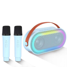Mini máquina de karaokê com 2 microfones sem fio, Bluetooth com baixo estéreo e luz LED para crianças de 4 a 12 anos (azul)