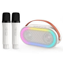 Mini máquina de karaokê com 2 microfones sem fio, Bluetooth com baixo estéreo e luz LED para crianças de 4 a 12 anos (branco)