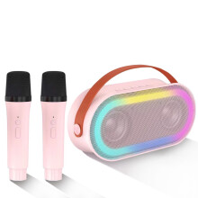 Mini máquina de karaokê com 2 microfones sem fio, Bluetooth com baixo estéreo e luz LED para crianças de 4 a 12 anos (rosa)