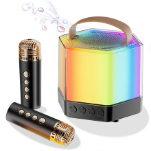 Mini Máquina de Karaokê para Crianças e Adultos Alto-Falante Bluetooth Portátil com 2 Microfones Sem Fio Conjunto de Alto-Falante de Karao