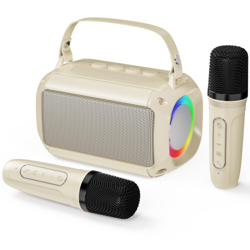 Mini máquina de karaokê, Bluetooth com 2 microfones, voz clara, 4 vozes mágicas, luz LED (bege)