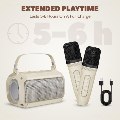 Mini máquina de karaokê, Bluetooth com 2 microfones, voz clara, 4 vozes mágicas, luz LED (bege) 1