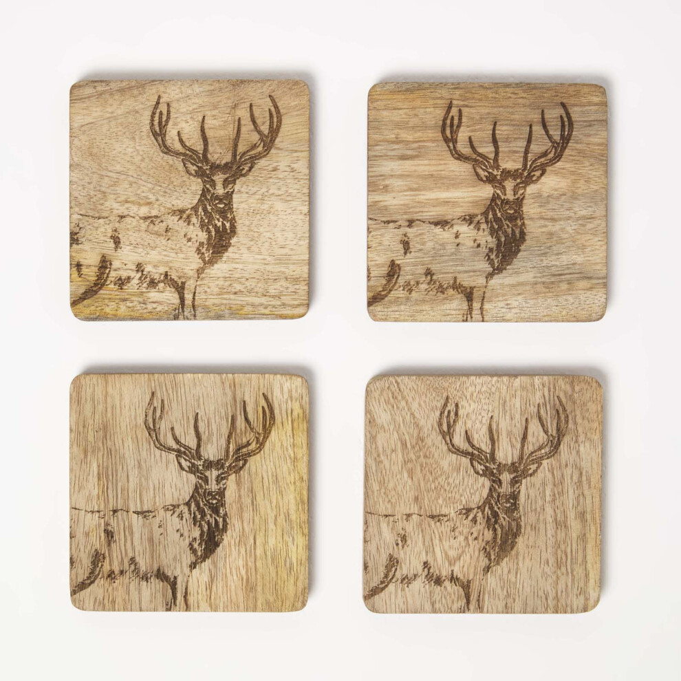 HOMESCAPES Wooden Coaster Set with Stag Design, Set of 4